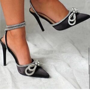 billini elope black satin micro crystal double bow high heels size 8 glam new